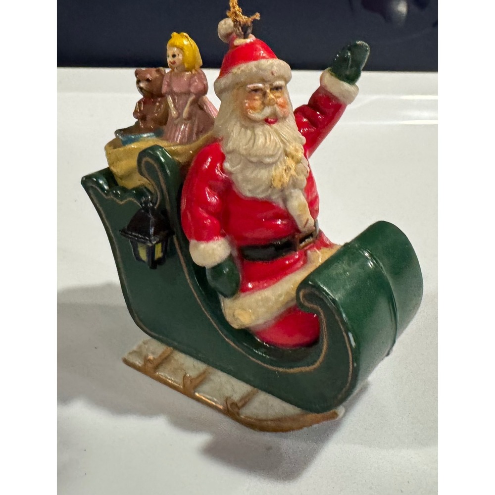 Vintage Style Santa Claus in Green Sleigh Christmas Ornament Toy Sack Doll Bear